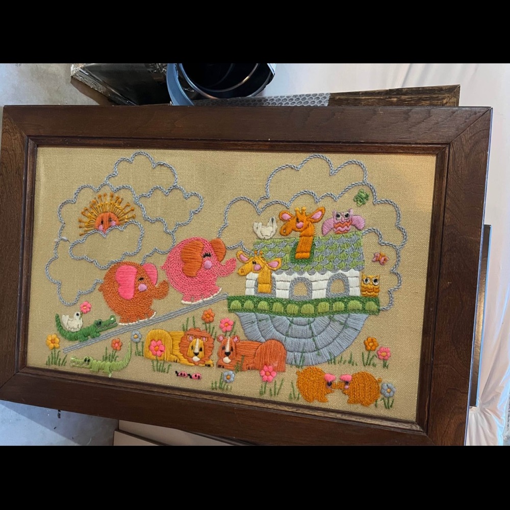 Vintage Noah’s arc framed needlepoint